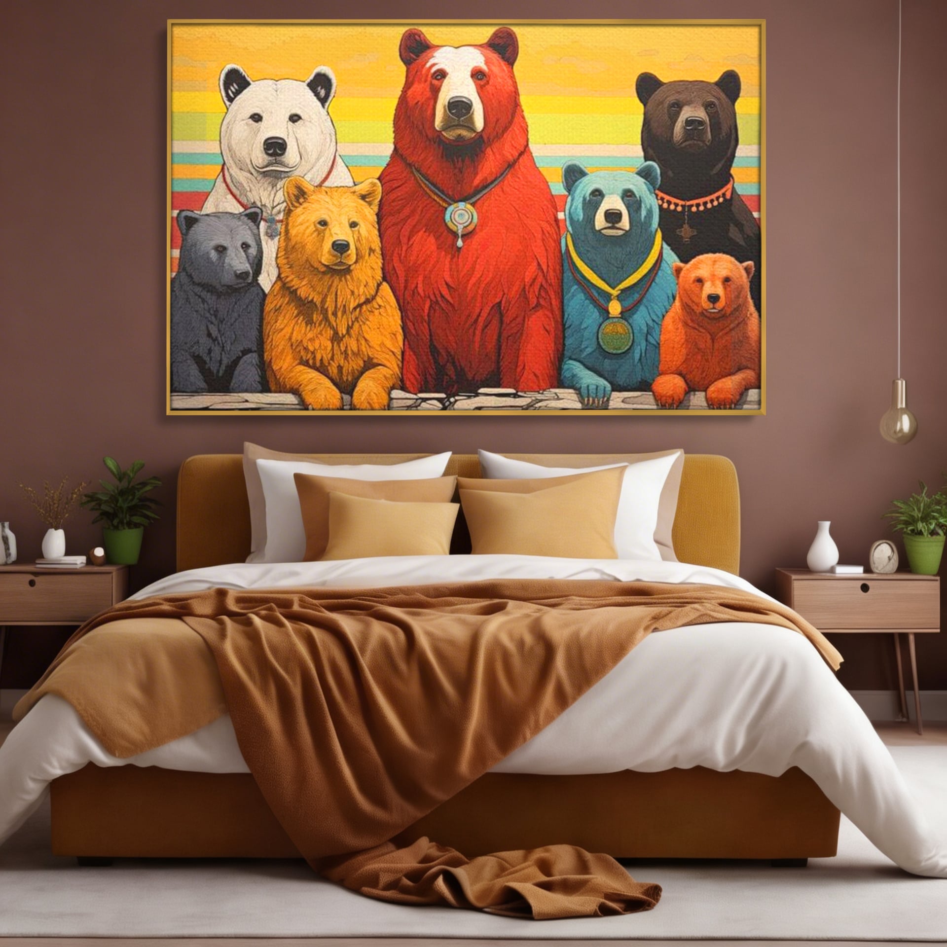 Tablou canvas cu ilustratie digitala cu ursi colorati, in rama de aluminiu auriu, pe perete intr-un dormitor